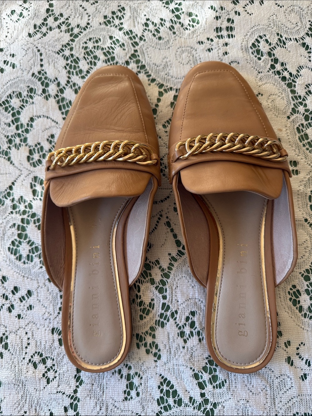 Gianni Bini Camel Tan Leather Chain-Trim Mules